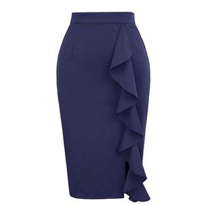 Ruffled Front Split  Skirt (Navy Blue)